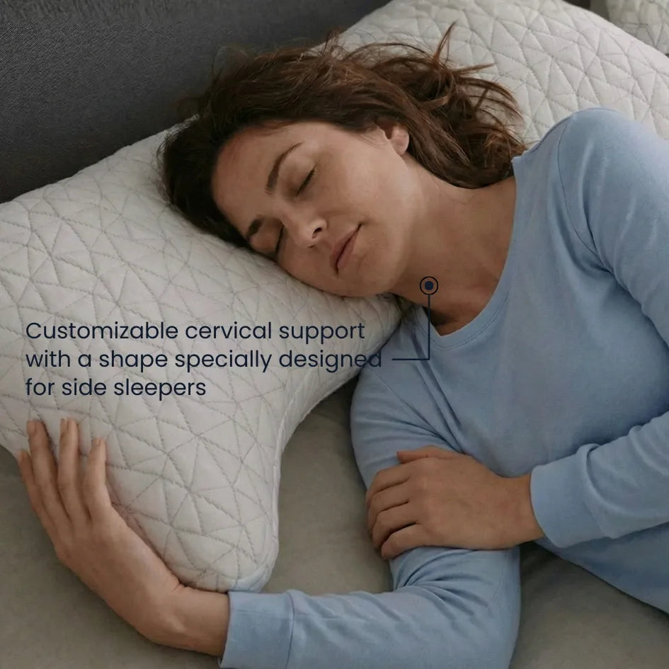 Woman sleeping on a customized cervical support pillow with text about its design for side sleepers.