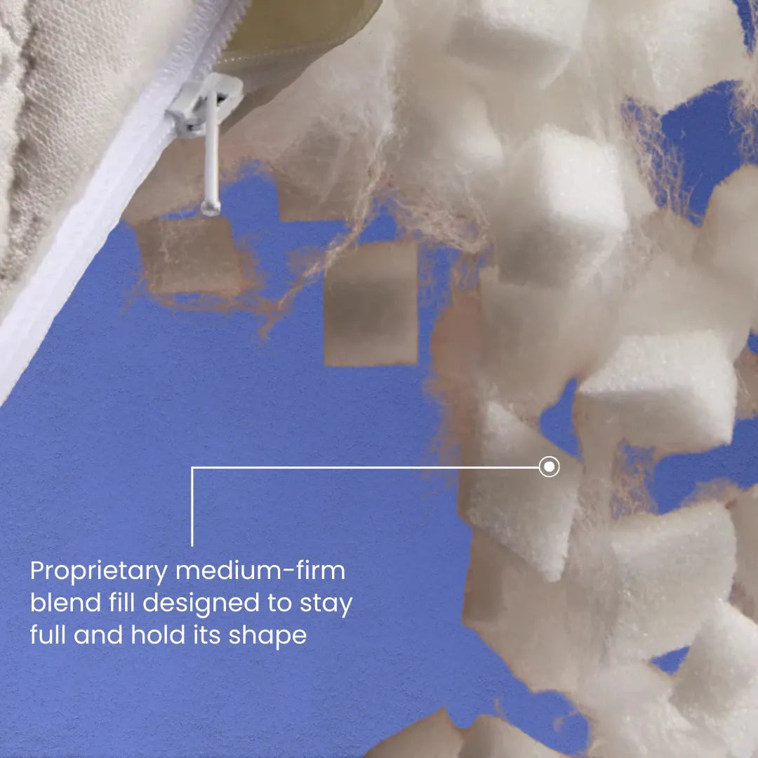 Close-up of a mattress with a blue background and text highlighting proprietary medium-firm blend fill.